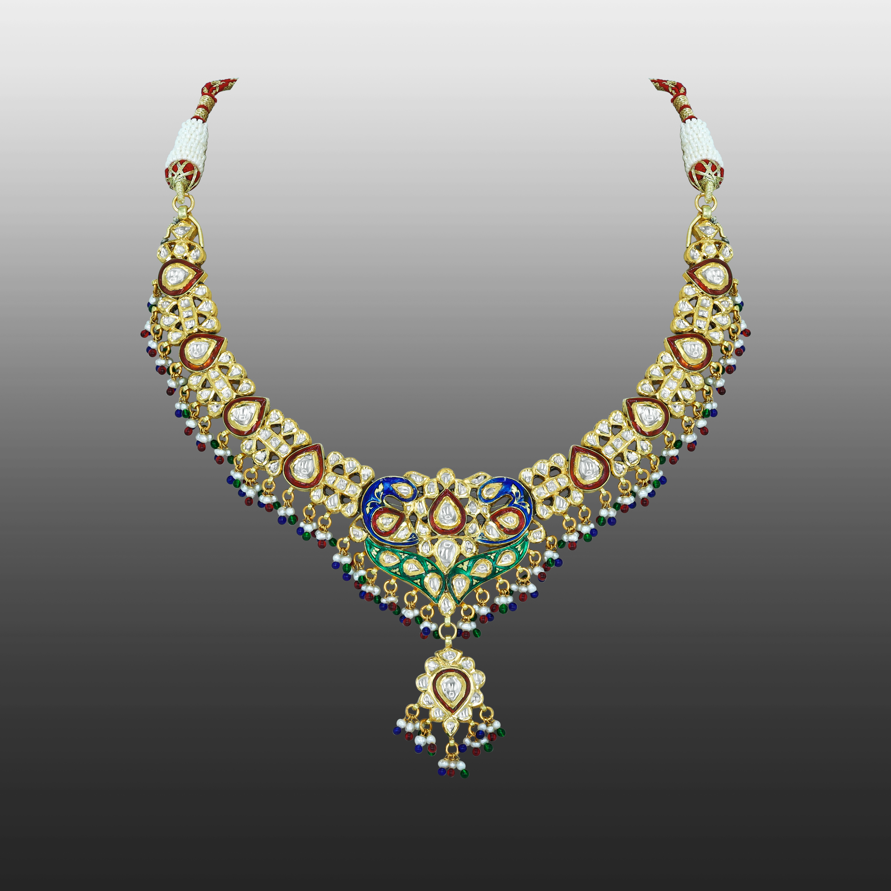 Polki Necklace with Enamel Peacock Motifs and Beads